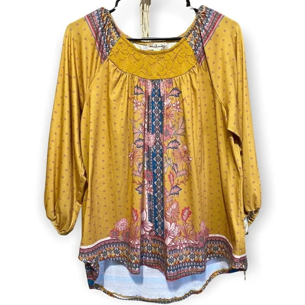 World Unity Flowy Yellow Patterned Blouse - Picture 1 of 4